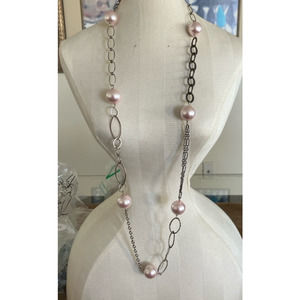 Long Large Faux Pearl and Silver Tone Chain Necklace